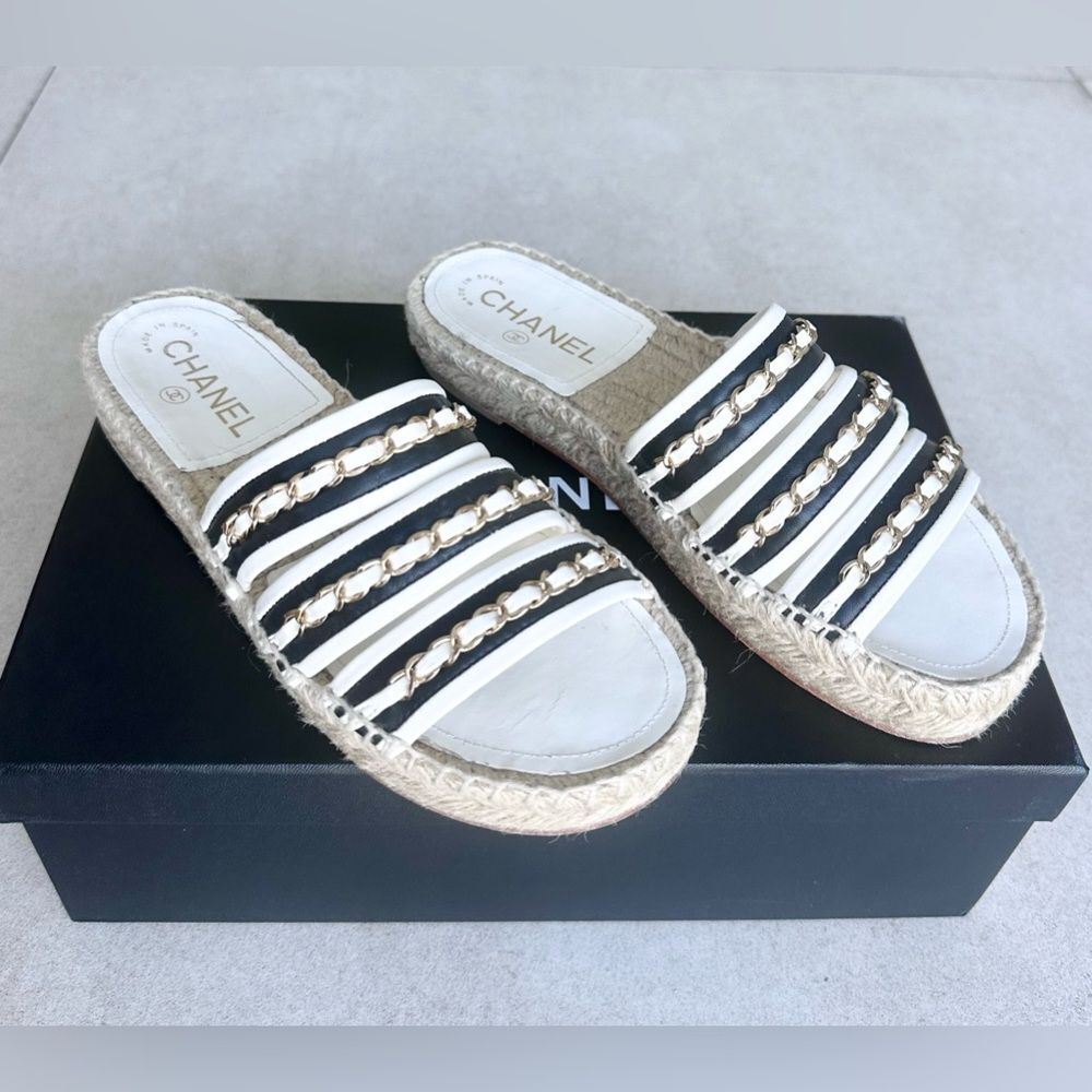 CHANEL Chain Lambskin Espadrille Slip On Sandals EU 37 US 6-6.5 Black & White